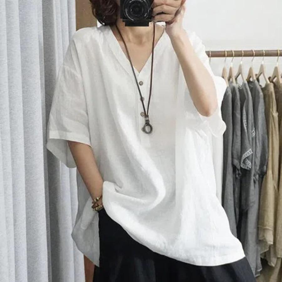 Buttons V Neck Summer T Shirt Retro Short Sleeve Women's Large Size Loose Cotton Linen Blouse Top