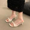 French High-heeled Slippers 2025 New Women's Summer Outer Wear Square Heel One-word Drag Bow Sandals Versatile Temperament