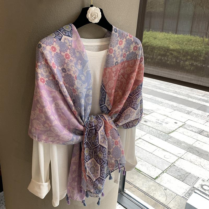 Premium Printed Silk Scarf Women'S Shawl Travel Sunscreen Yarn Ethnic Style Buckle Scarf Cashew Nut Outer Scarf Shawl