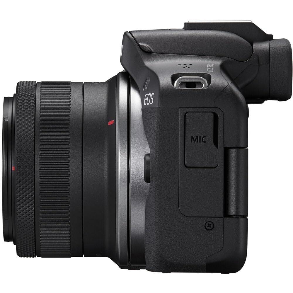 The Canon EOS R50 mirrorless camera and the lens are STM lenses (black) RF-S18-45mm F4.5-6.3 (renewed).