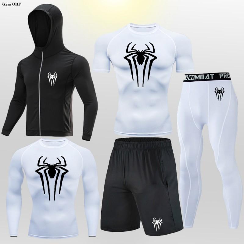 Mens Compression Fitness Set 5pcs Running Gym Workout Suit Long Sleeve Hooded Tight Sportswear Breathable Quick Dry