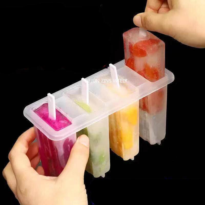 Форма для мороженого на палочке с 4 отделениями, DIY-машина для мороженого, домашний контейнер для кубиков льда, пластиковая палочка, лоток-форма для эскимо, кухонные принадлежности