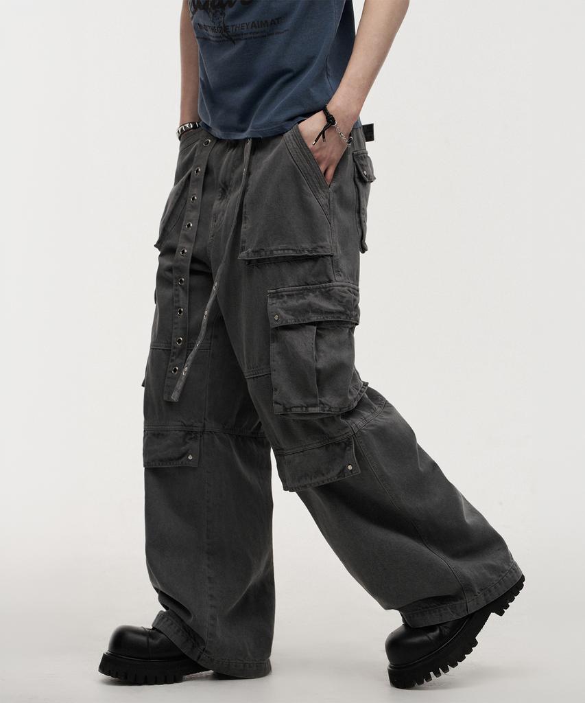 LANARCHIVE [0124] Eyelet Belt Cargo Pants - Charcoal