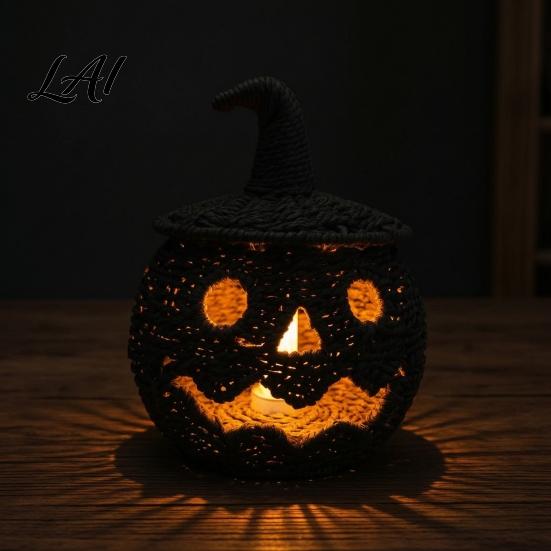 Hand Woven Pumpkin Basket Handwoven Halloween Basket Spooky Candy Storage with Lid Vintage Wicker Unique Autumn Gift Light Up Lantern LED Candle for