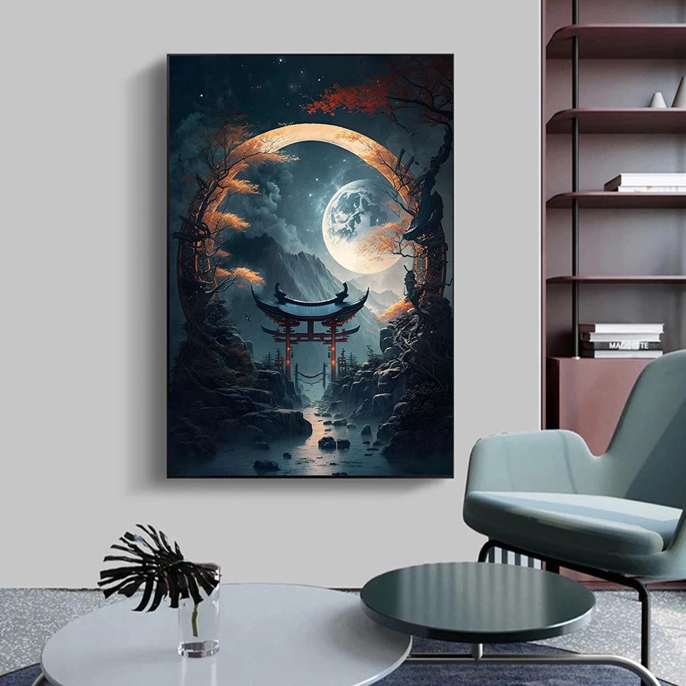 Древний пейзаж Лунная ночь Сюрреализм Искусство Холст Картина Настенный поп-плакат и принты Фэнтезийные ворота Современная гостиная Спальня Домашние фотографии Декор
