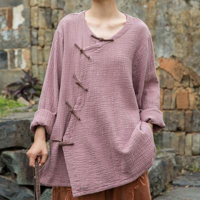 Женские винтажные рубашки топы с V-образным вырезом и длинными рукавами однотонные блузки весенние рубашки в китайском стиле