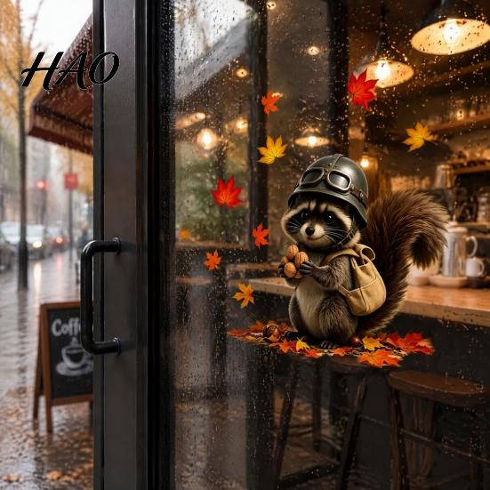 Glass Door Decorations Fall Window Stickers, Cute Squirrel Raccoon Animal Decal, Maple Leaf Autumn Pastoral Theme Decor Clings, Clings for Windows