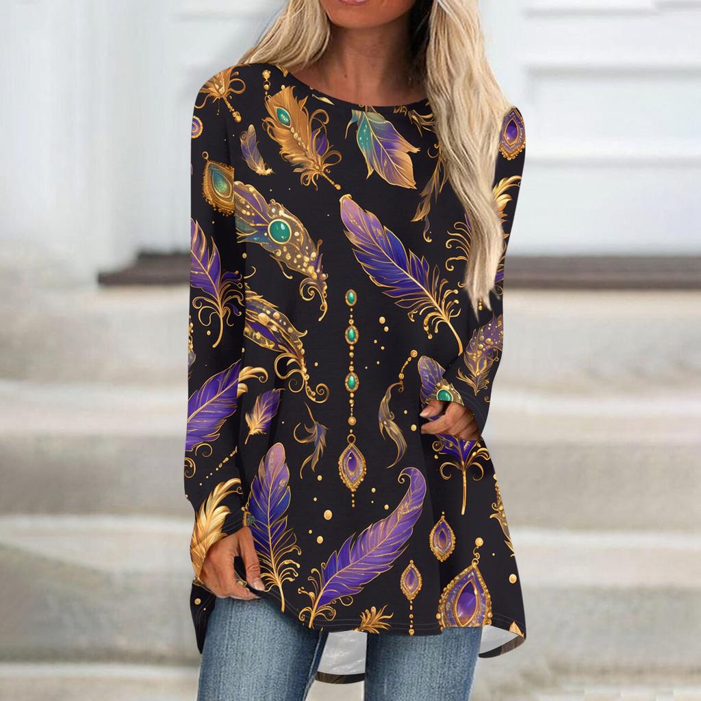 Women's Fashionable Round Neck Raglan Long Sleeved Carnival Printed Casual Pullover Top