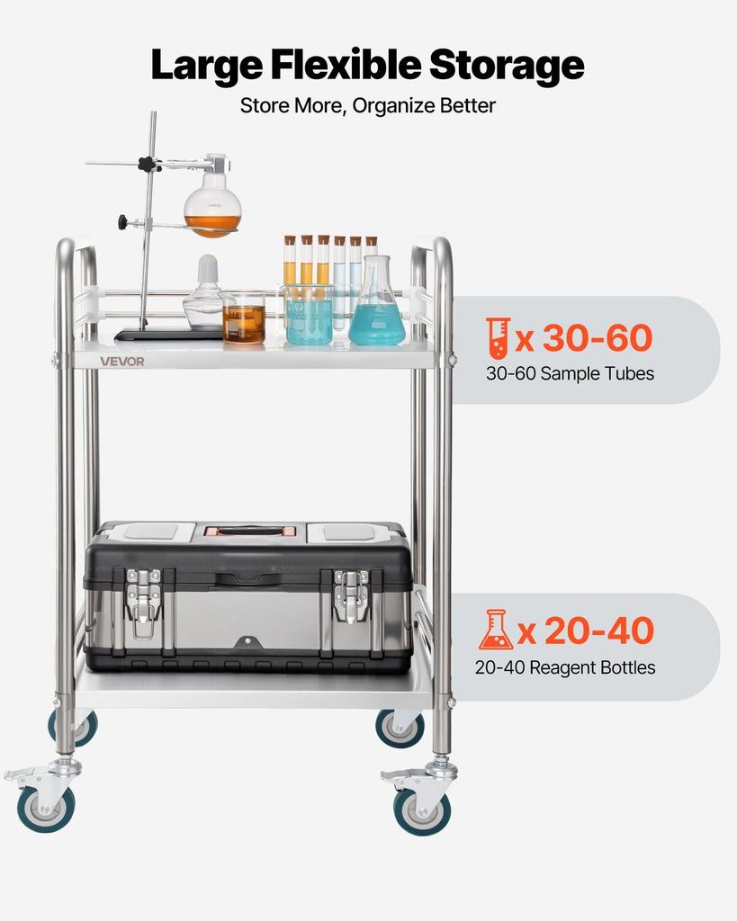 Stainless Steel Cart, 2-Tier Rolling Lab Utility Cart with Lockable Wheels, Medical Serving Trolley Clinic Tray, Heavy Duty Mobile Service Storage