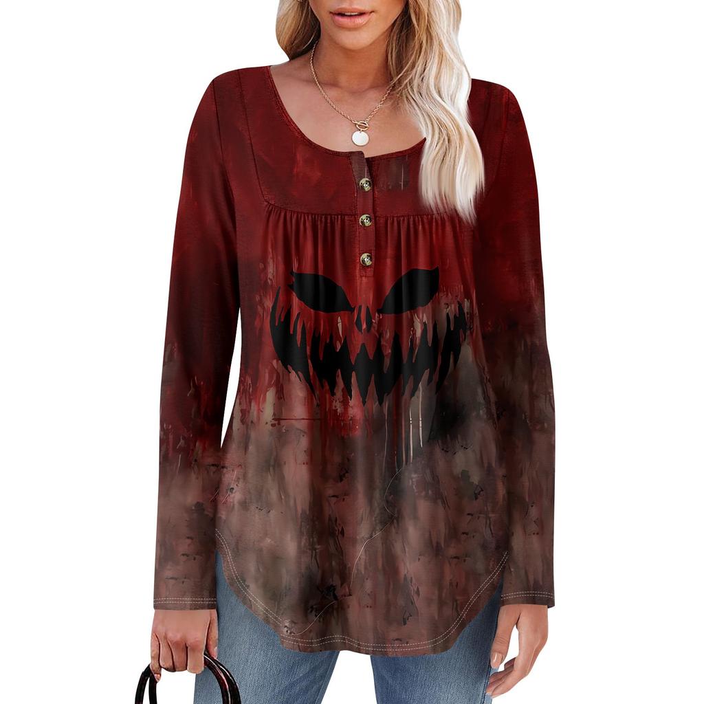 Женская туника с длинным рукавом, свободные топы, повседневные топы оверсайз, плиссированная туника, застегивающаяся на пуговицы, повседневные женские топы с принтом