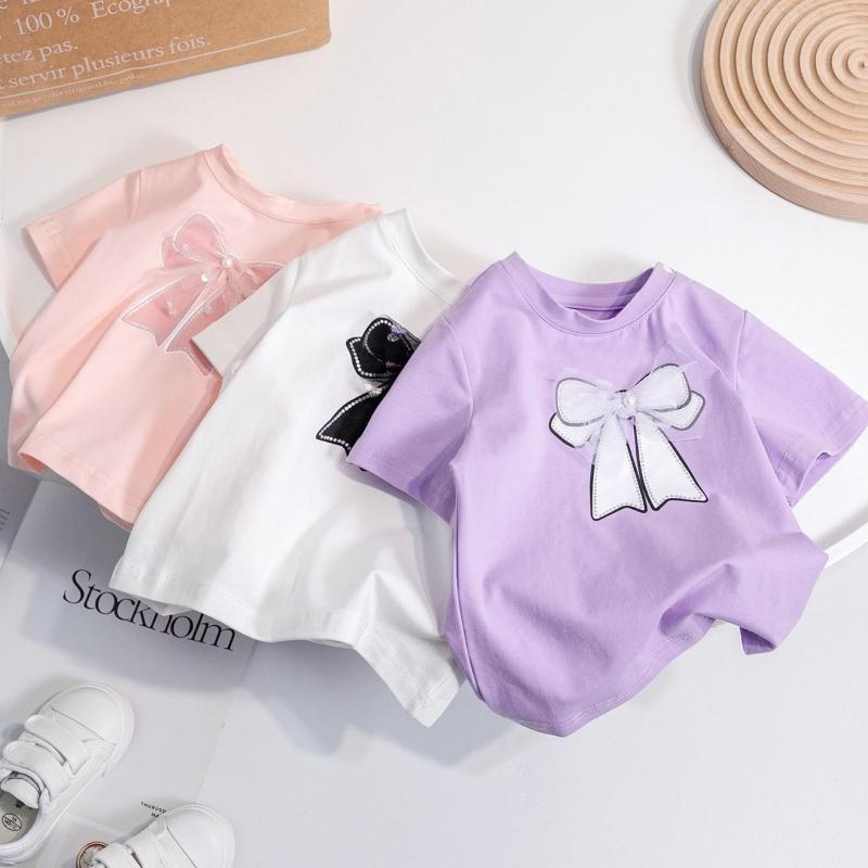 Летние тонкие детские футболки с коротким рукавом, конфетных цветов, простые, из хлопковой сетки, с бантом, для девочек, детские, сладкие, топы для малышей-принцесс