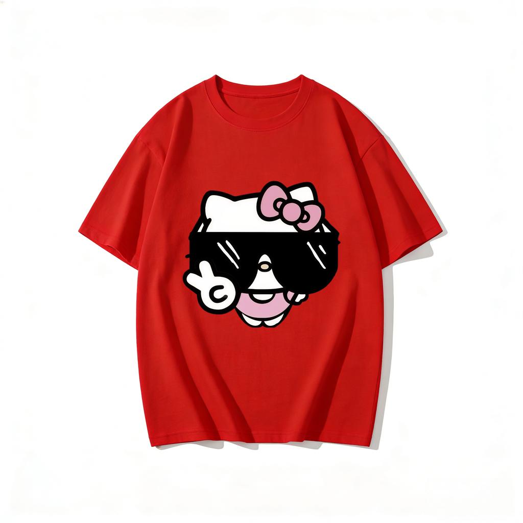 2026 Summer New Arrival Cool Kitty Sunglasses Print Couple T Shirts Casual Loose Family Matching Outfits Parentchild Tees Tops