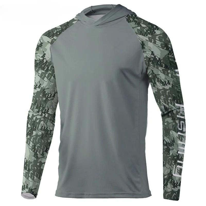 Mens Long Sleeve Hooded Fishing Shirt UV Protection Breathable Outdoor Sport Top Lightweight