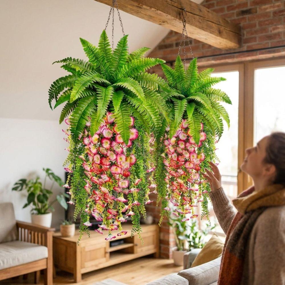 UV Resistant Morning Glory Boston Fern Hanging Vine Artificial Persian Fern Leafs Vine Home Decor
