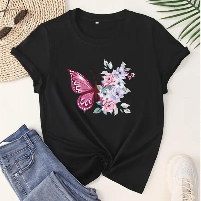 Butterfly & Floral Sprint Crew Neck T-shirt Casual Short Sleeve T-shirt For Spring & Summer Women's Clothing