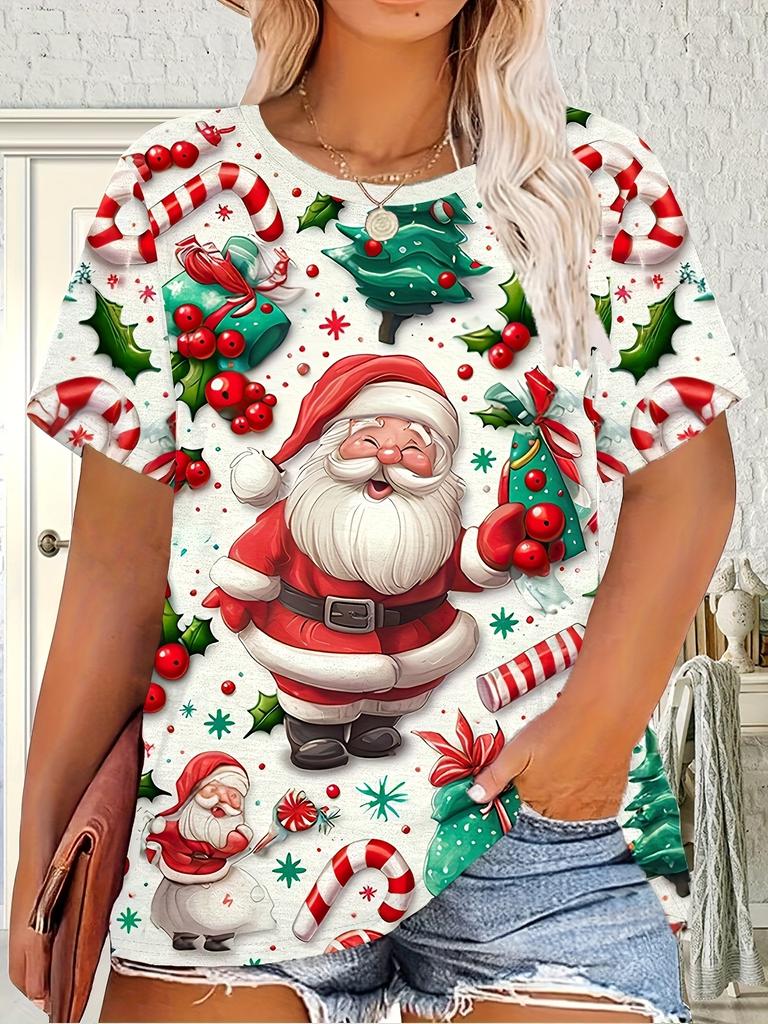 Women'S Christmas T-Shirt Santa Claus Candy Canes & Presents Print Women's Short -Sleeved Tops Christmas Party Attire Y2k Clothe