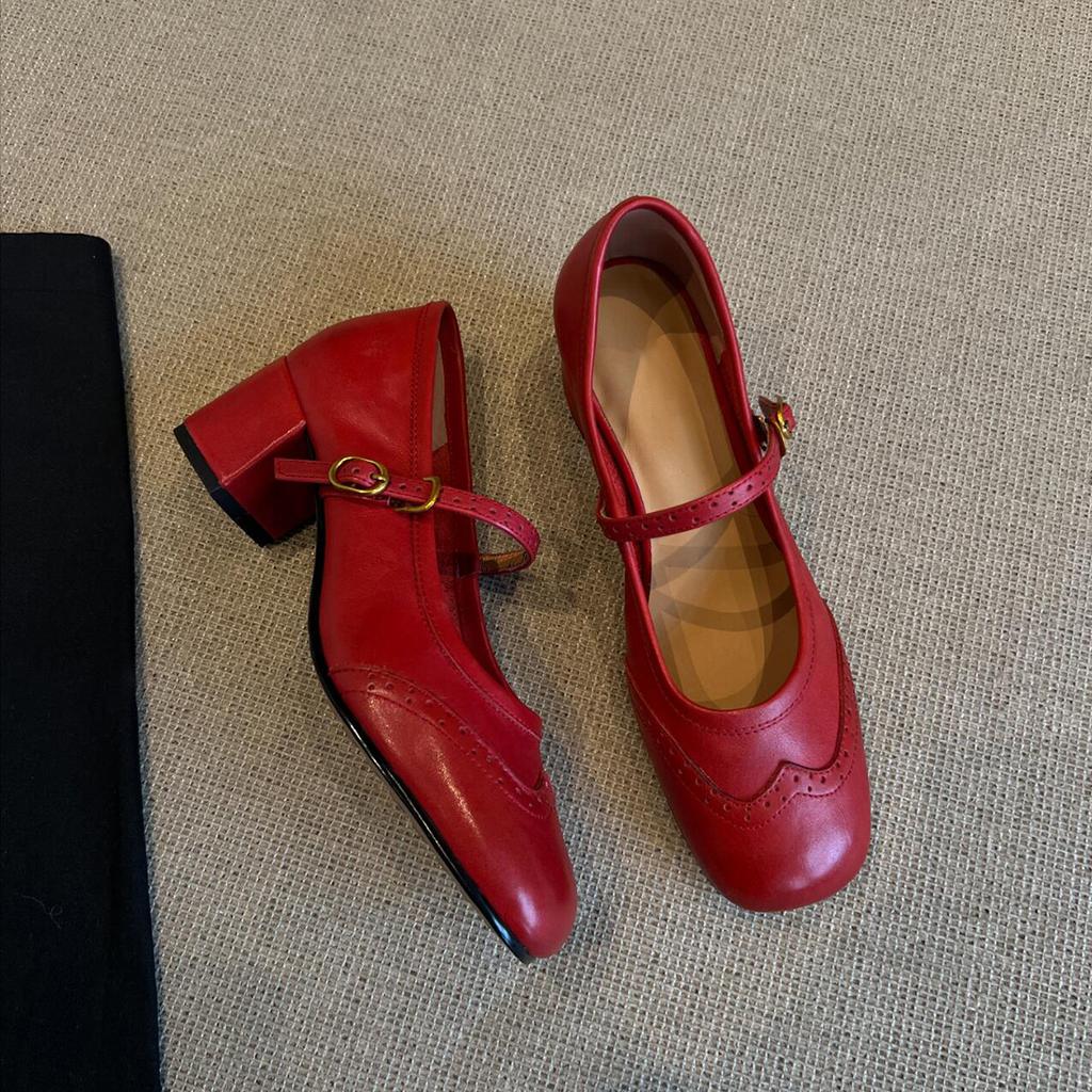 Lan Cabinet Edition~ Versatile One-word Button Light Heel Mary Jane Shoes Women's Retro Block Square Head Soft Leather Small Single Shoes