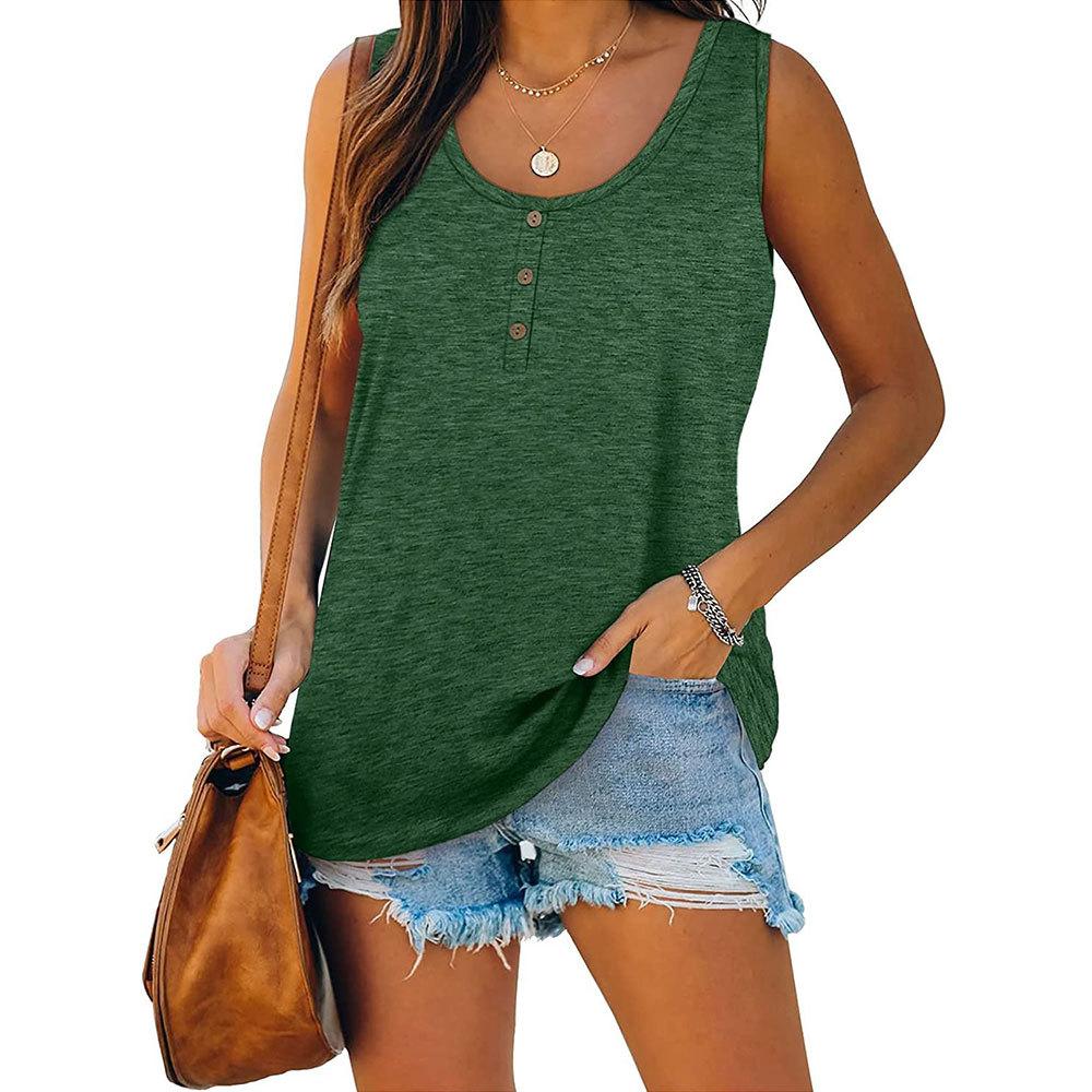 Women's Solid Color Henley Tank Top, Round Neck Button Front Sleeveless Loose Casual Summer Daily Wear T-shirt