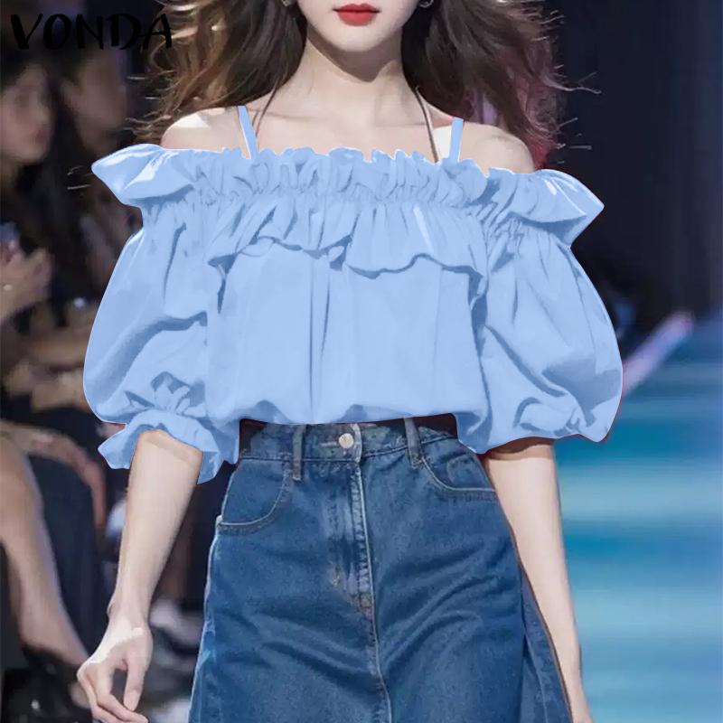 VONDA Женские летние блузки Bubble с короткими рукавами и оборками на открытых плечах