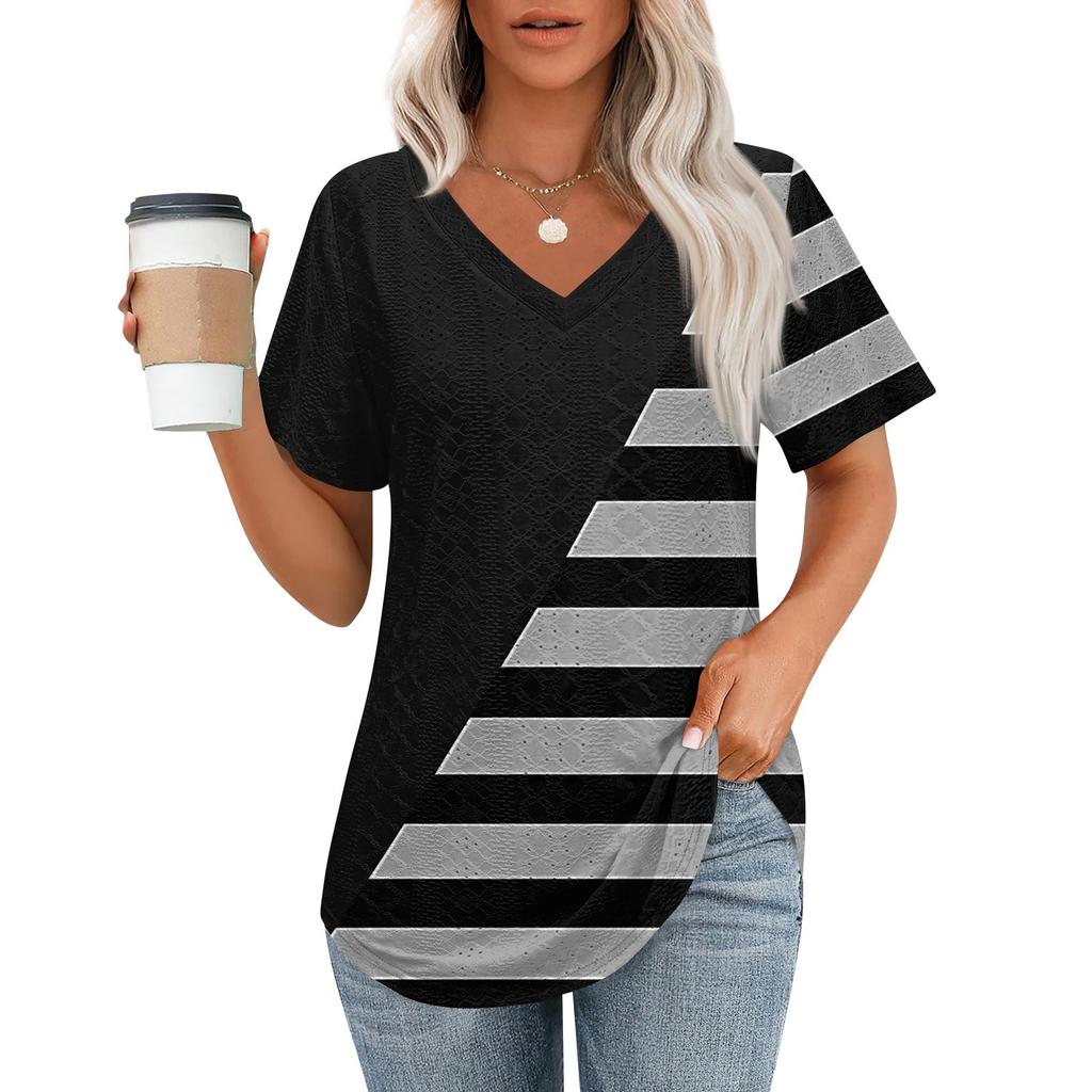 Womens T Shirts V Neck Short Sleeve Casual Tops Loose Fit Basic Tees With Curved Hem