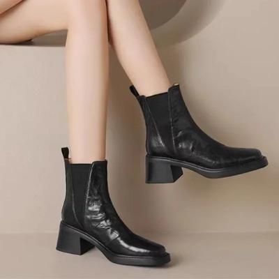 2024 Новые модные однотонные женские ботинки с квадратным носком телесного цвета, универсальные профессиональные повседневные короткие ботинки на весну и осень
