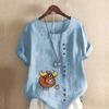 Women's Fashion Cattle Prined Round Neck Short Sleeve T-shirt Casual Cotton Linen Graphic Shirt Leisure Loose Summer Blouse Tops