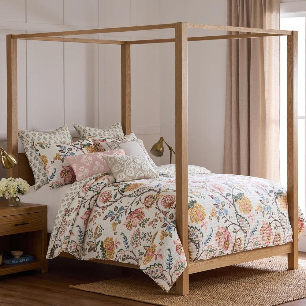 Floral Dusty Rose Quilt Set - Twin Size with Standard Sham - Ochre, Blue, Green, Brown Tones - Bedding Ensemble