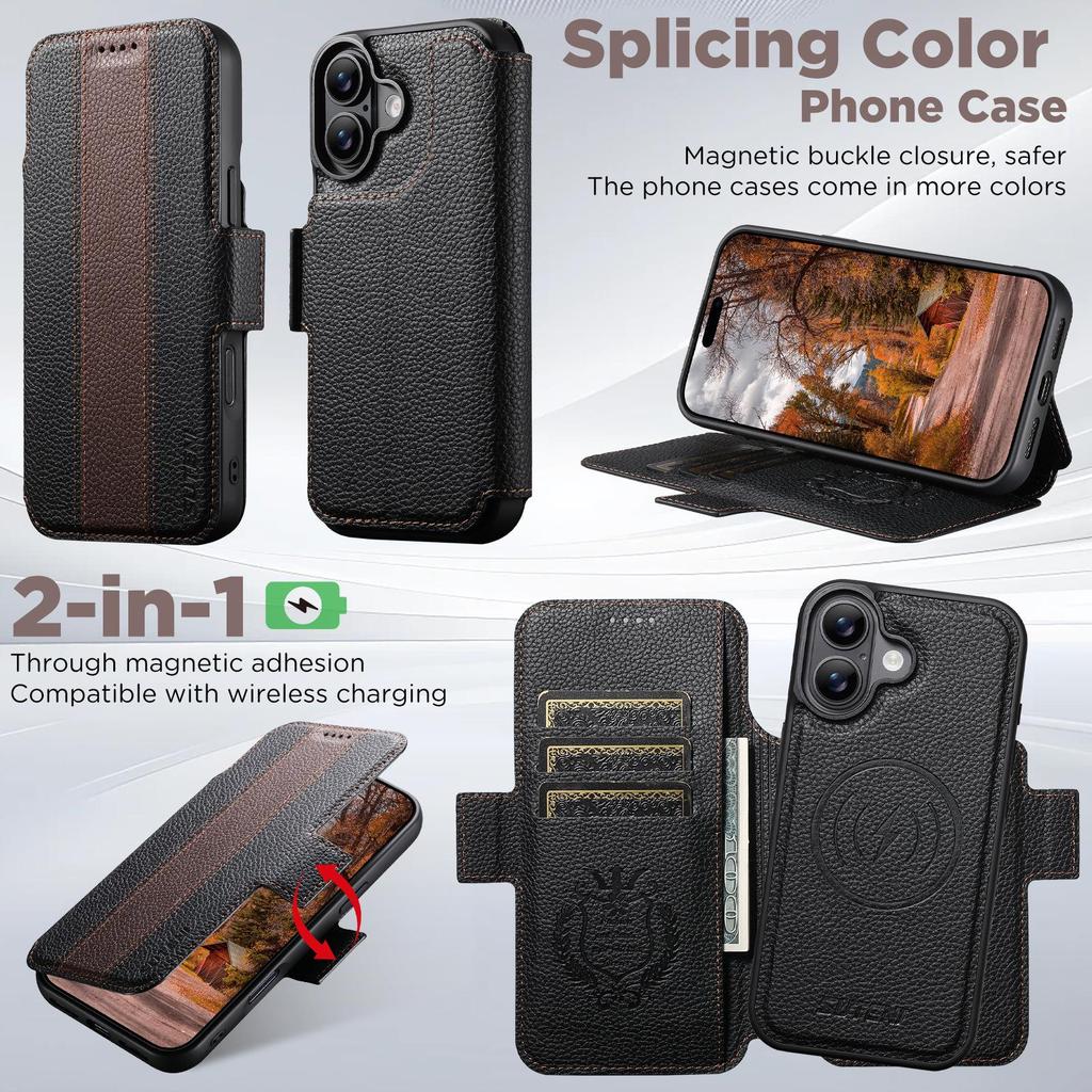 Чехол-книжка для iPhone 17: Слот для карт, Магнитная застежка, Подставка для беспроводной зарядки, Кошелек с цветными блоками, Кожа