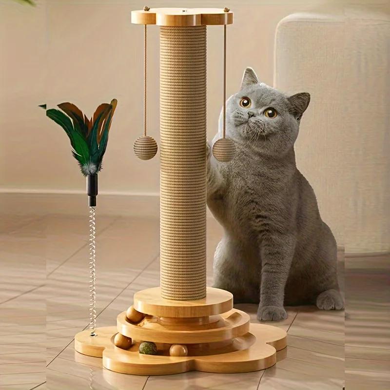 Solid Wood Cat Turntable Cat Scratching Post, Cat Teaser Stick, Cat Scratching Board for Cats, Durable Cat Toys