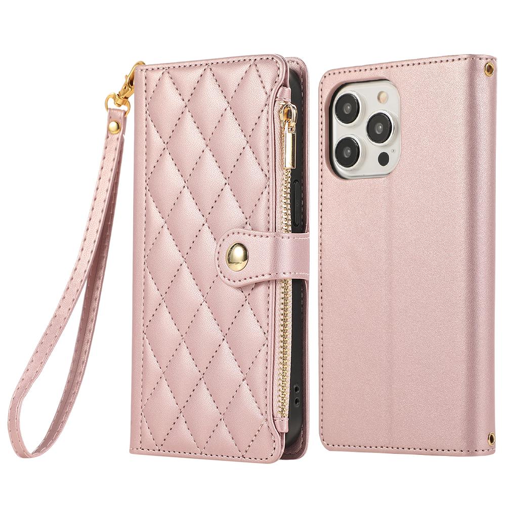For iPhone 15 Pro Max Case Multi Card Slots Zipper Rhombus Leather Phone Cover with Wrist Strap