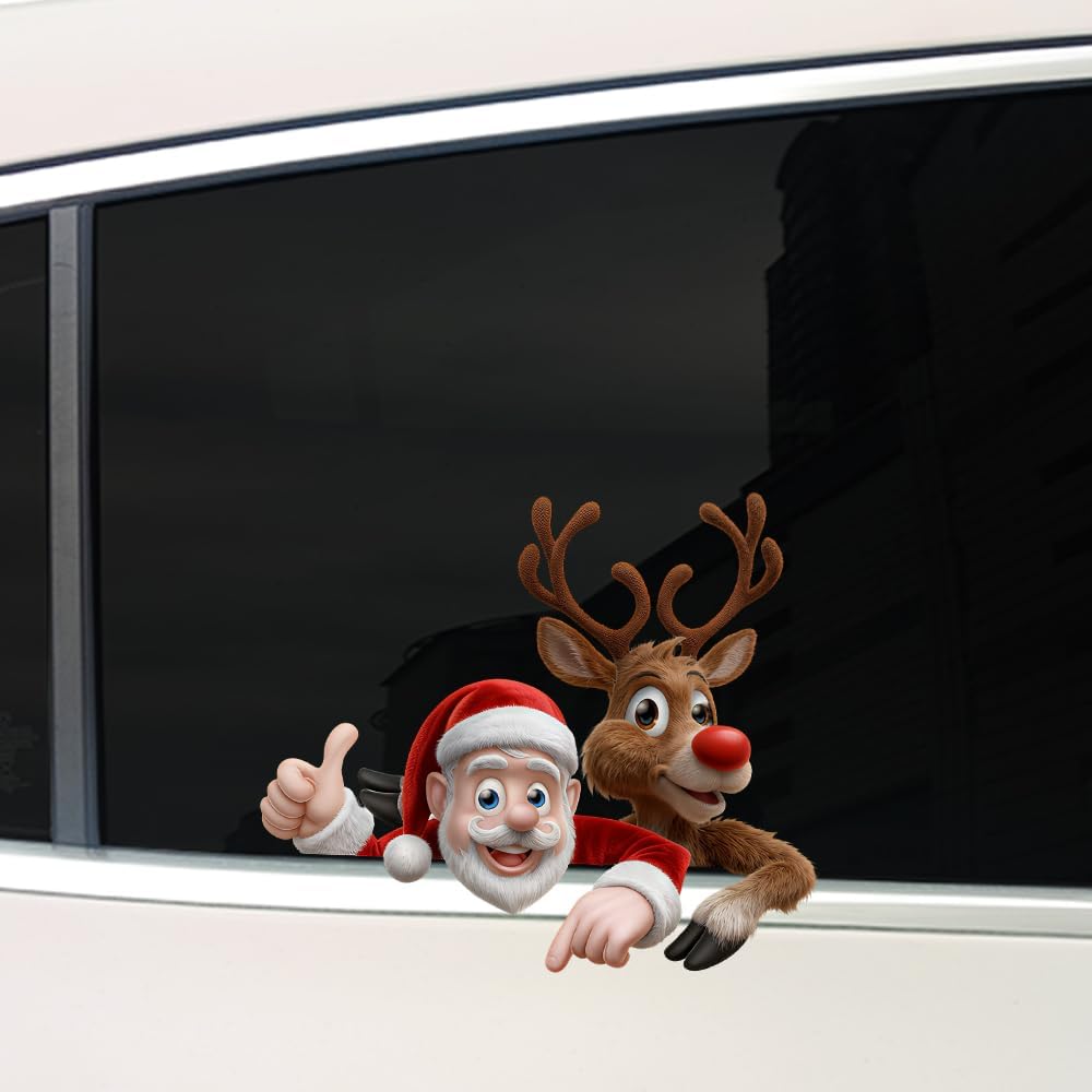 Merry Christmas Winter Decals,Santa Claus Reindeer Elf Car Window Stickers,Christmas Xmas Holiday Art Clings Decorations Accessories (Cartoon)