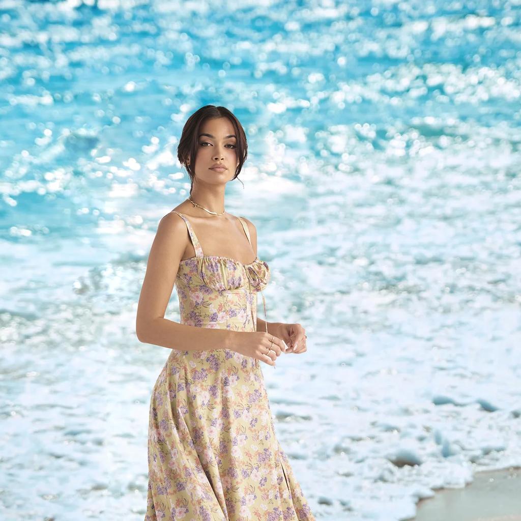 Платье-корсет с цветочным принтом, деревенское платье-корсет, женское платье-корсет миди с струящимся разрезом на бретельках, платье-корсет с цветочным принтом