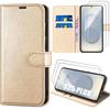Protective Case - BOOLING - for Samsung Galaxy S25 Plus - Golden PU Leather - 2 Tempered Glasses - Shockproof