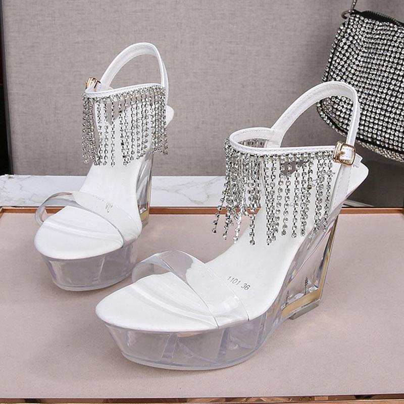 Женская обувь, прозрачные туфли для ночного клуба, высокие каблуки, подиум, стразы, кисточка, кристаллическая танкетка, серия 1101, каблук 10 см, платформа 4 см, LFD