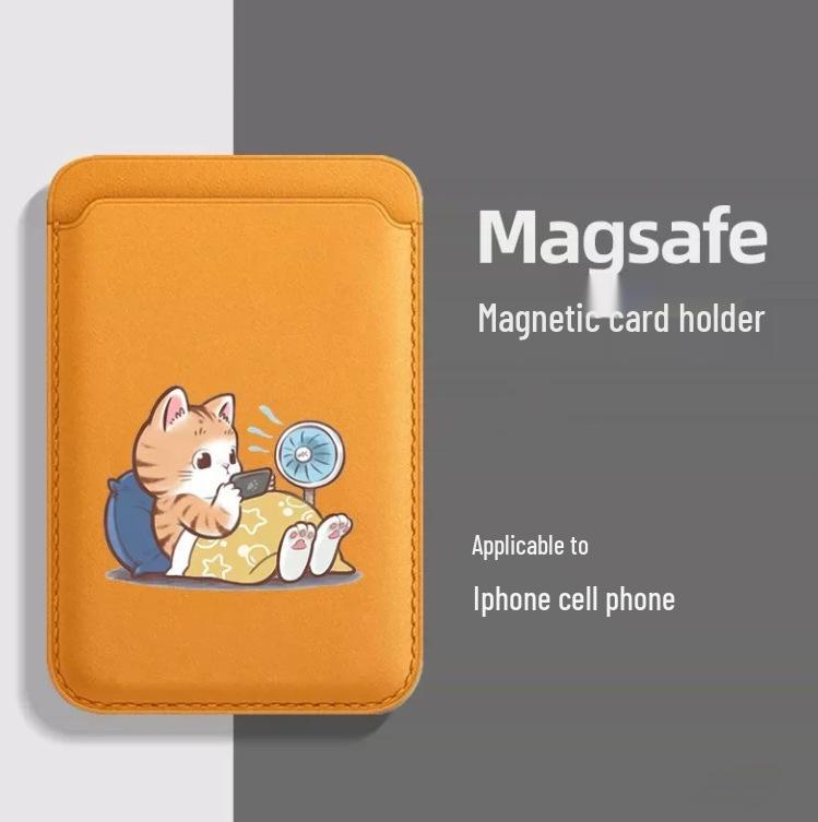 Милый кожаный держатель для карт с котиком, совместимый с MagSafe, чехол для телефона