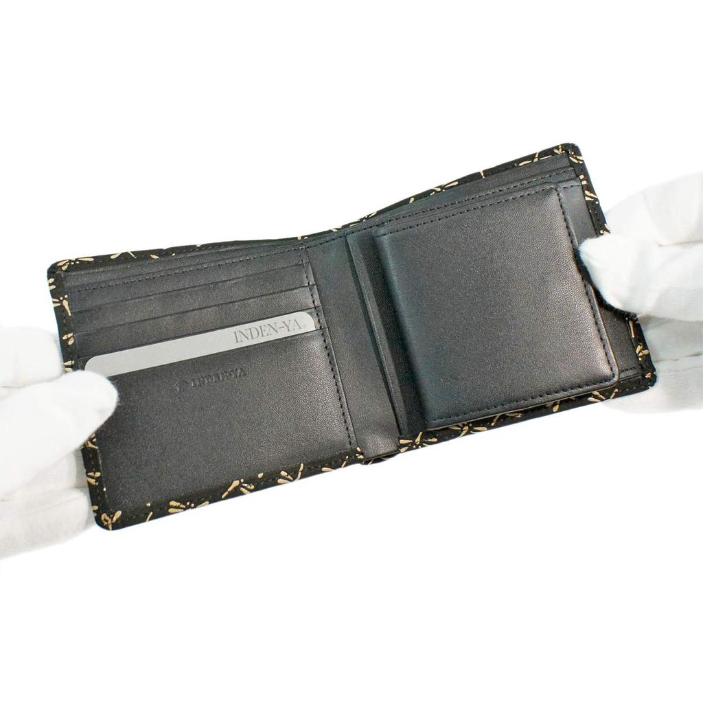 Кошелек Inden, складной кошелек, купюра S Box, кошелек для монет, кожа оленя, черный с белым лаком, узор стрекозы [Indenya] 2008-11-008