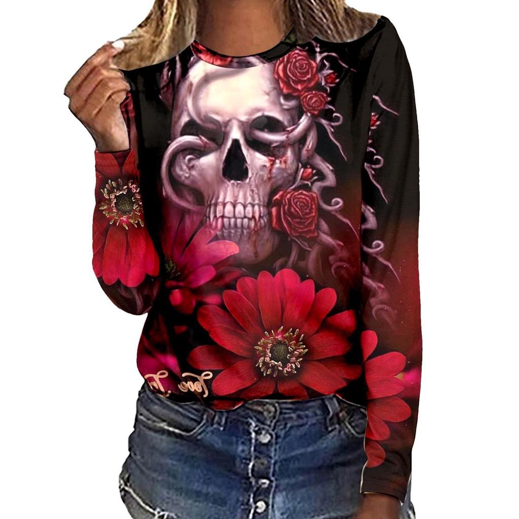 Cartoon Printed Women Street T-shirt Theme Sports Long Sleeve 3D Tees Halloween T-shirts Autumn Pullovers Top