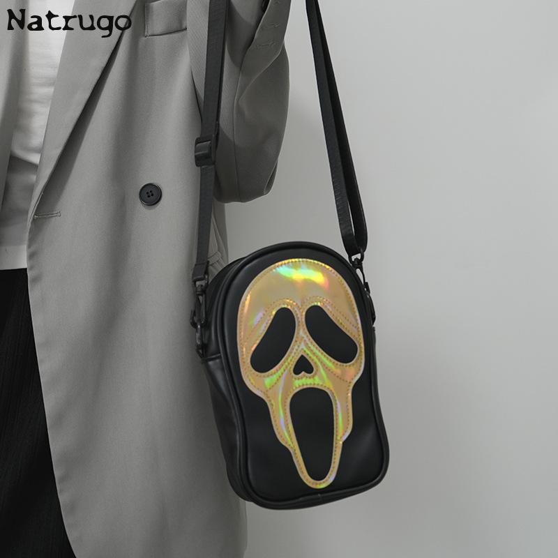 Crossbody Bag Men's, Women's Korean-style Funny Laser Ghost Skull Shoulder Bag Soft Mobile Phone Small Bag