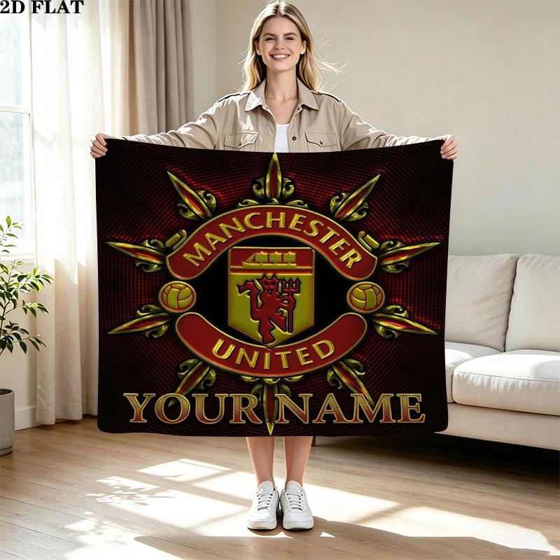 1 шт. Фланелевое одеяло с узором и возможностью кастомизации имени Manchester United F. Подходит для всех сезонов. Для домашнего декора. Тепло и уют. Подарки. Праздничный подарок.