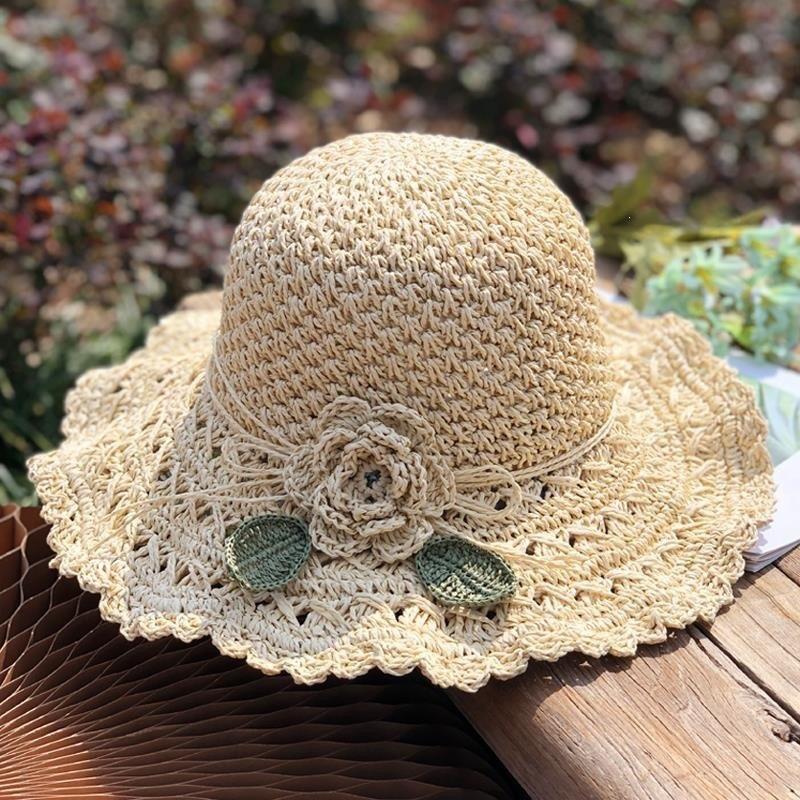 New French floral bow straw hat women's summer seaside beach vacation big eaves sunshade sun hat