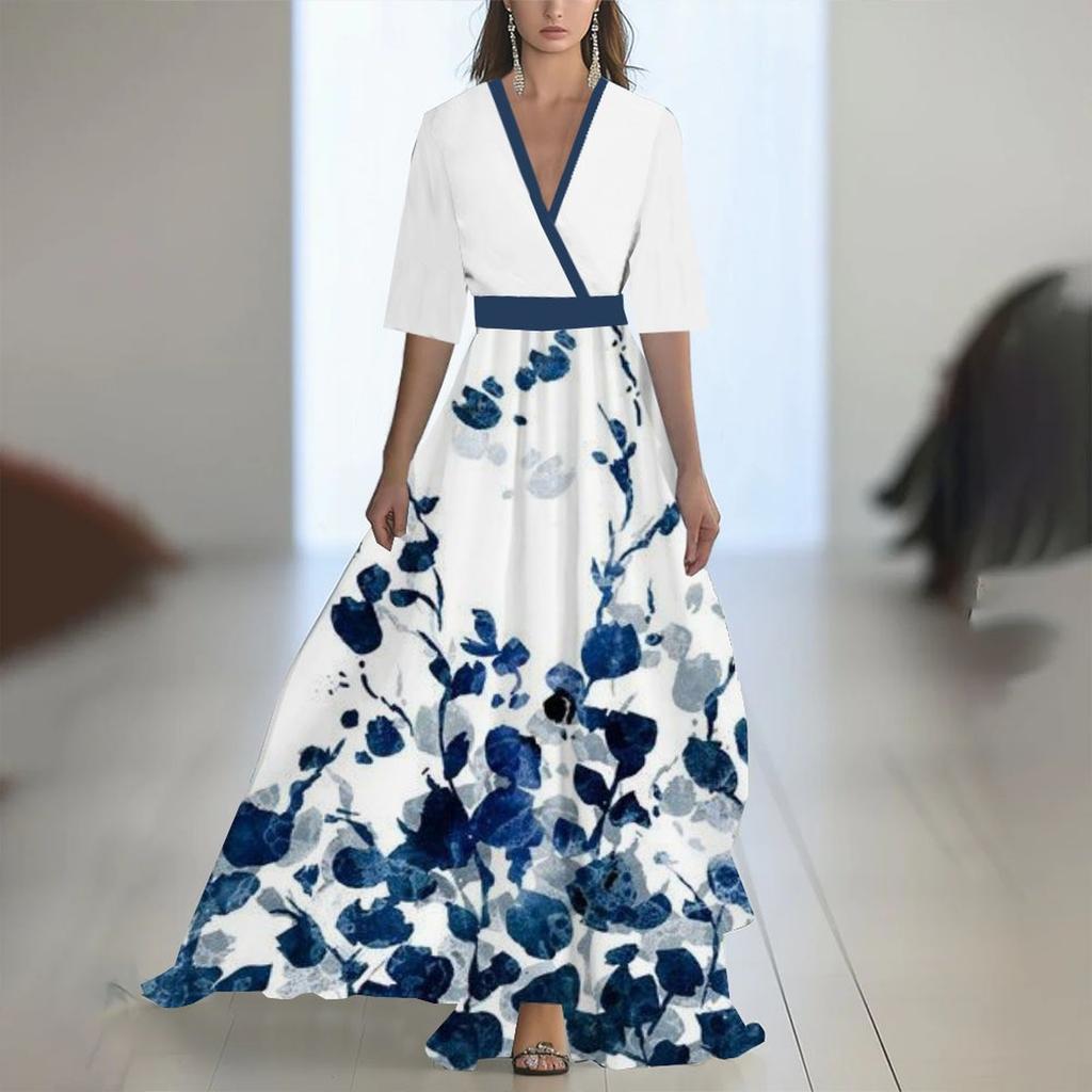 Ladies' Casual And Fashionable Color Printed Patchwork V-neck Long Dress