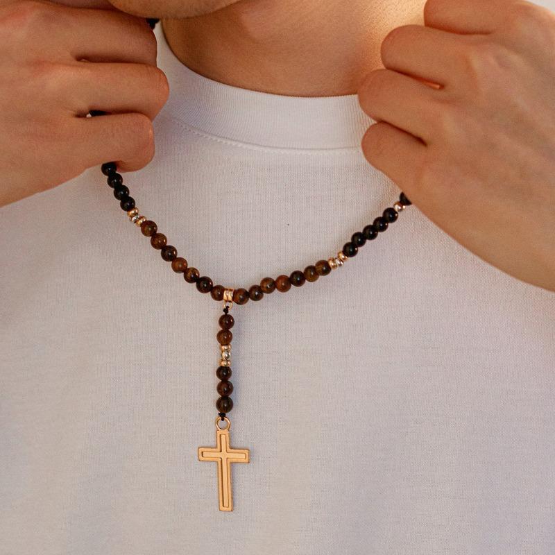 Винтажное ожерелье из бисера с натуральными тигровыми камнями для мужчин, подвеска в виде креста в стиле хип-хоп, длинные цепочки с бусинами, ожерелье, мужское ожерелье, ювелирные изделия