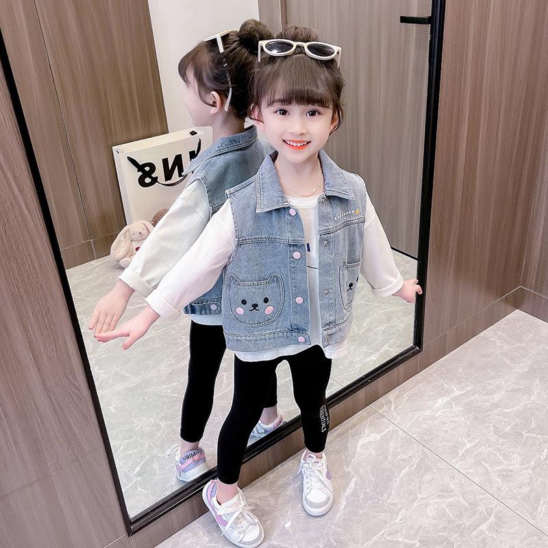 Джинсовый жилет для девочек Bear, модная детская одежда на весну и осень, безрукавки для девочек, топы для малышей
