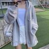 Women's Solid Color Cardigan Korean Version Loose Hooded Sweater Plus Velvet Casual Zipper Coat Autumn and Spring Loose Coat
