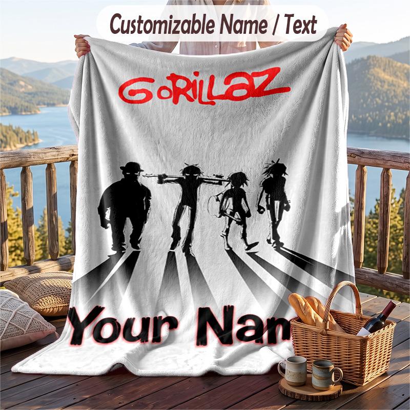 Custom Text Flannel Throw Blanket, Lightweight Cozy Bed Sofa BlanketGorillaz