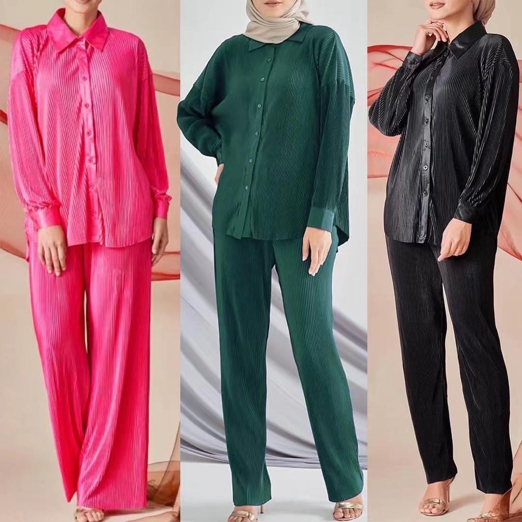 Осенний курортный стиль, рубашка с лацканами в стиле ретро и эластичной талией, широкие брюки, комплект из двух предметов, женский костюм