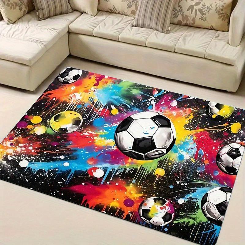 Colorful Soccer Ball Rug, Graffiti Style Sports Floor Mat, Non-Slip Carpet for Kids Bedroom or Game Room