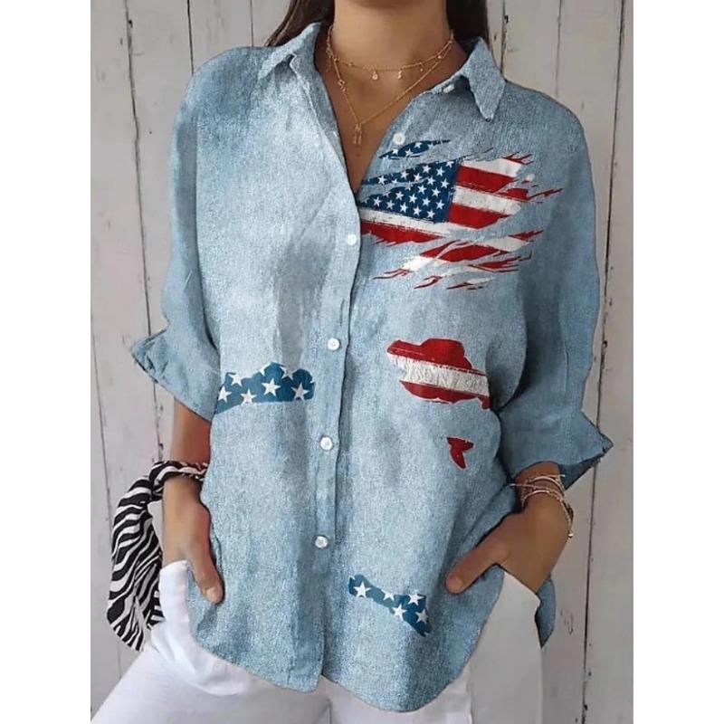 Women's Long-Sleeve Shirt Star-Print Button-Down Collar Fashionable Breathable Shirt Casual Everyday Loose-Fit Versatile Shirt