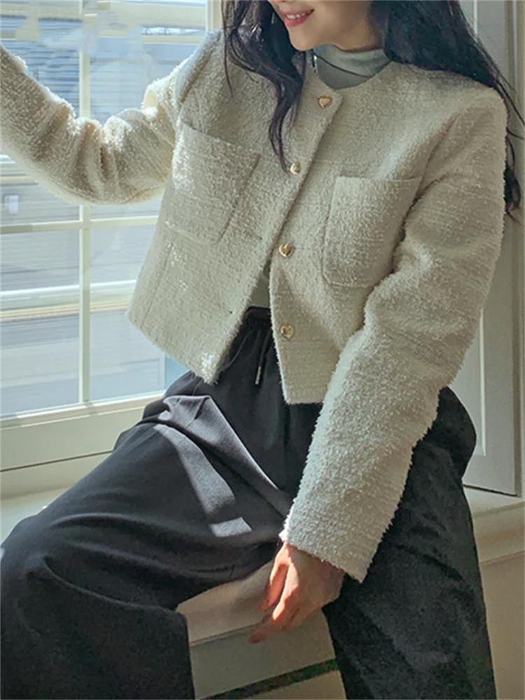 Куртки с карманами для женщин, осень-зима, новые модные пальто с длинным рукавом и круглым вырезом, винтажный шикарный твидовый пиджак на пуговицах