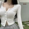Korean Style O-neck Short Knitted Sweaters Women Thin Cardigan Fashion Open Front Button Up Long Sleeve Crop Top T Shirt Women